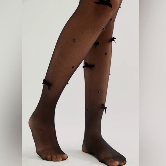 Free People Velvet Bow Pearl Tight - Sheer Black - Picture 2 of 8
